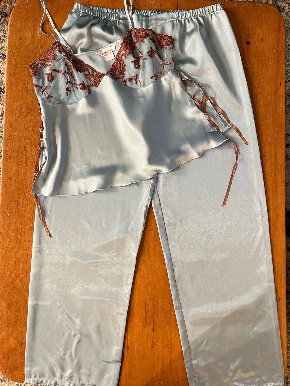 La Vie En Rose Polyester Satin Pajama Set Sheer Laced Top Blue Brown XL
